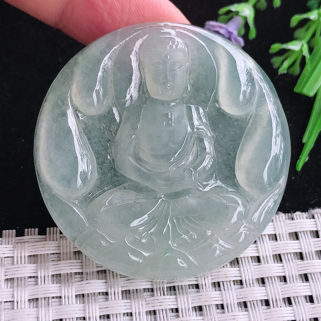 实拍A货翡翠47.5/5.6老坑冰胶果冻冰晴大日如来佛祖吊坠翡翠圆牌玉牌