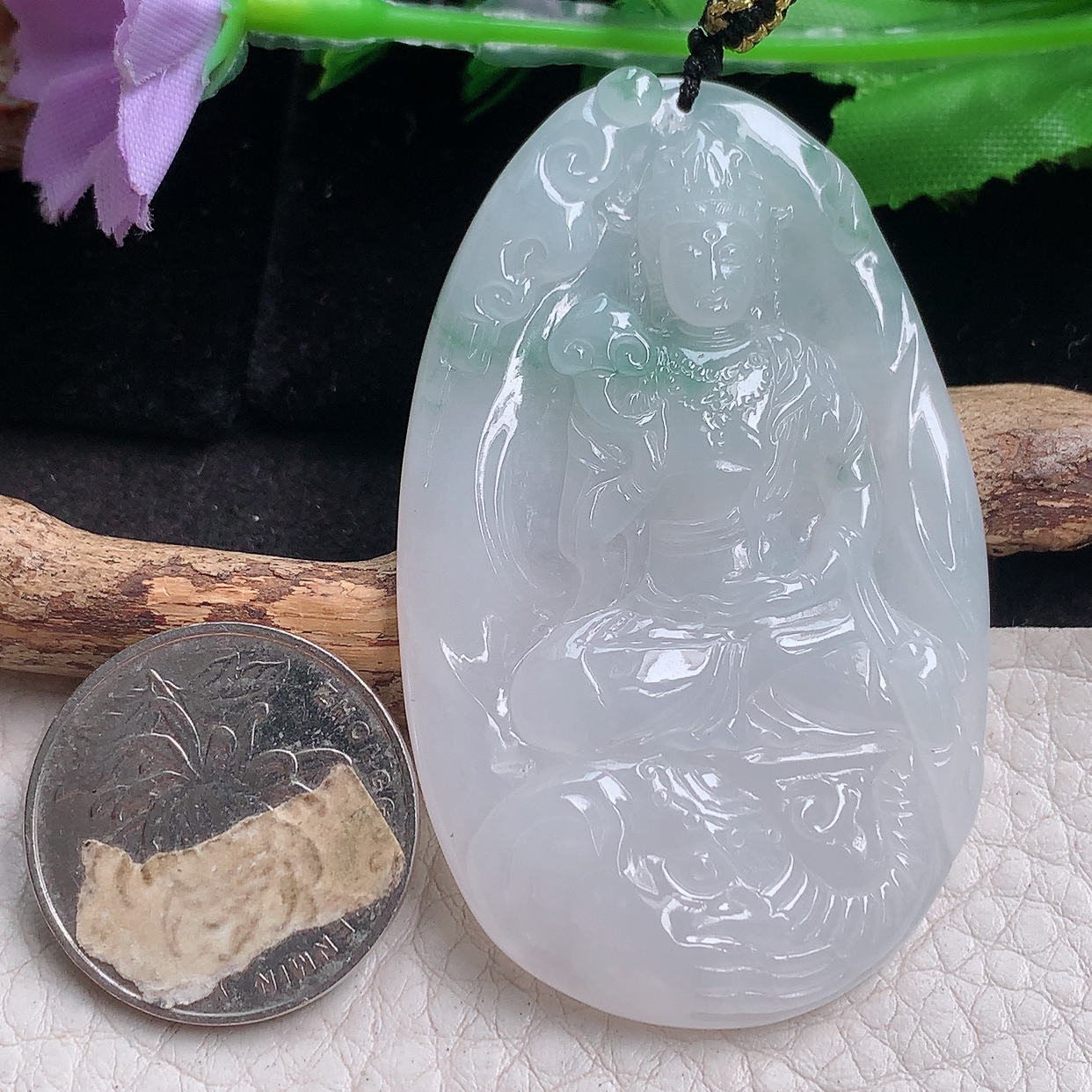 kh实拍60.6*38*5.5缅甸翡翠a货精雕冰飘花普贤菩萨 生肖守护神玉吊坠