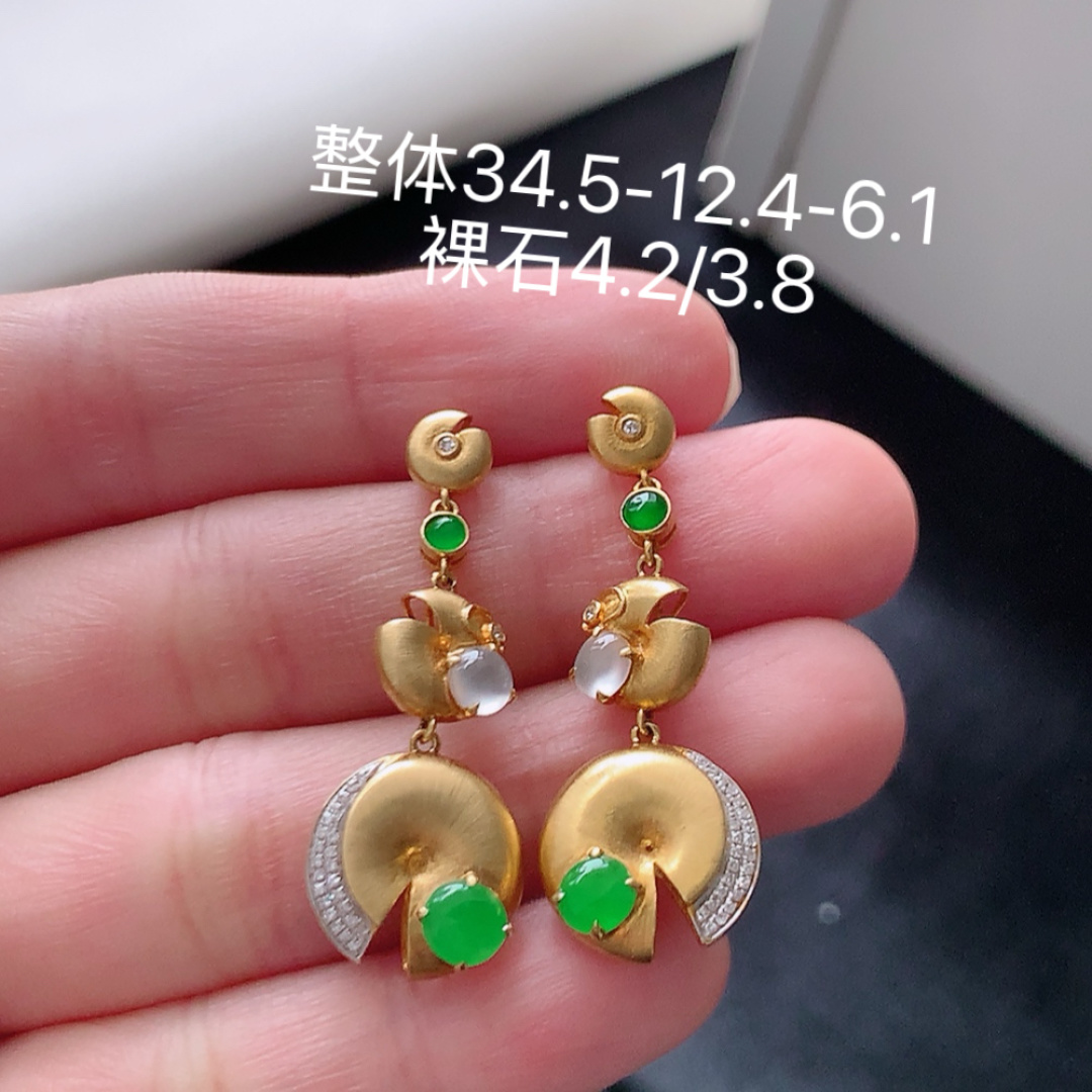 冰阳绿耳坠 翠色鲜艳 种老饱满水润，佩戴简单大方货号41606，34.5-12.4-6.1