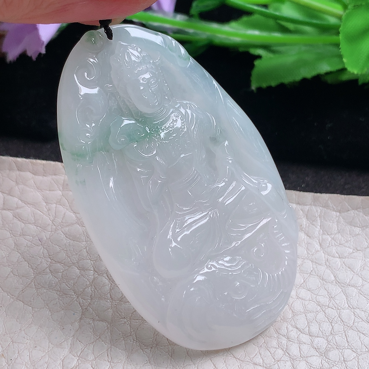 kh实拍60.6*38*5.5缅甸翡翠a货精雕冰飘花普贤菩萨 生肖守护神玉吊坠