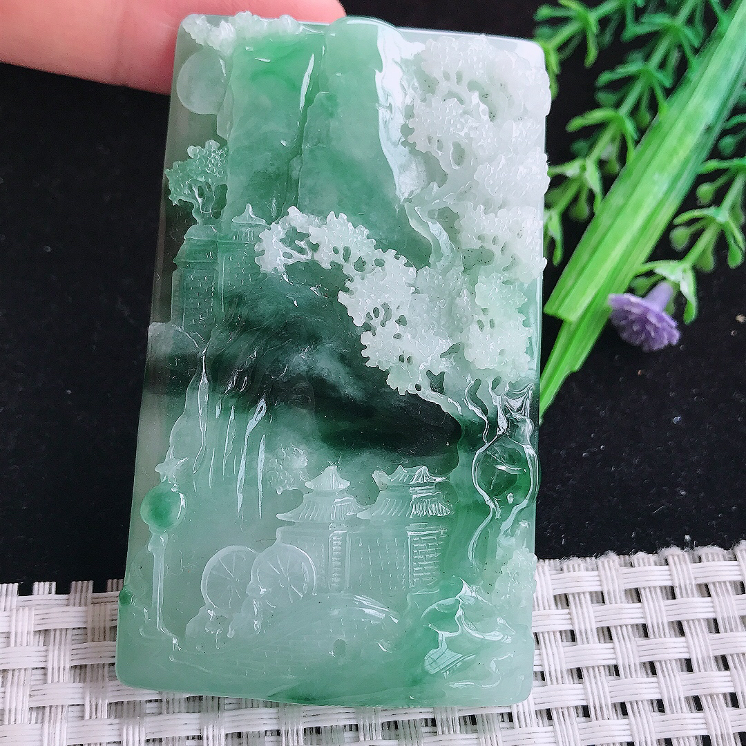 实拍A货翡翠71.5/43.5/11老坑精美温润双彩飘花山水牌吊坠翡翠玉牌挂件