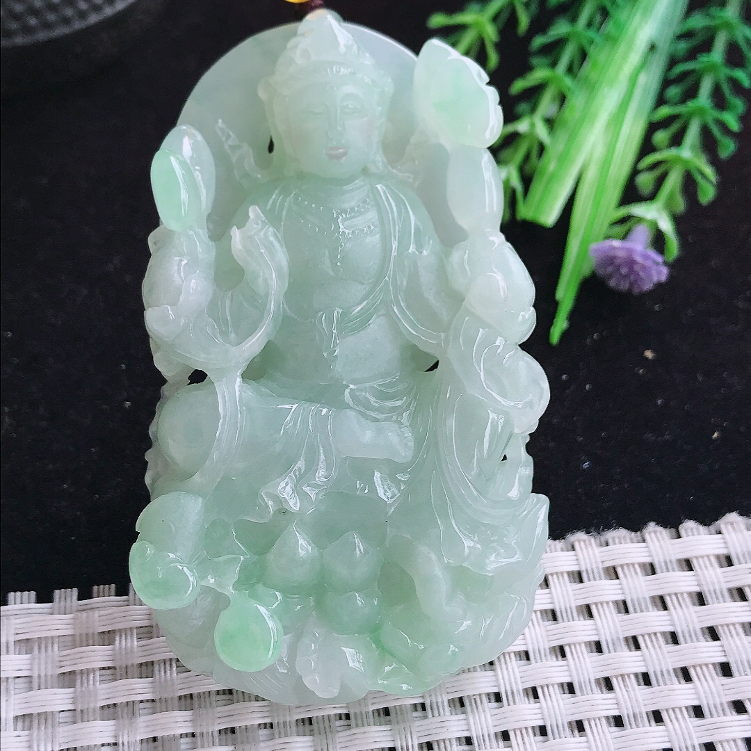实拍A货翡翠70.8/44/14.2老坑冰胶冰晴底赐福观音吊坠翡翠厚装玉牌