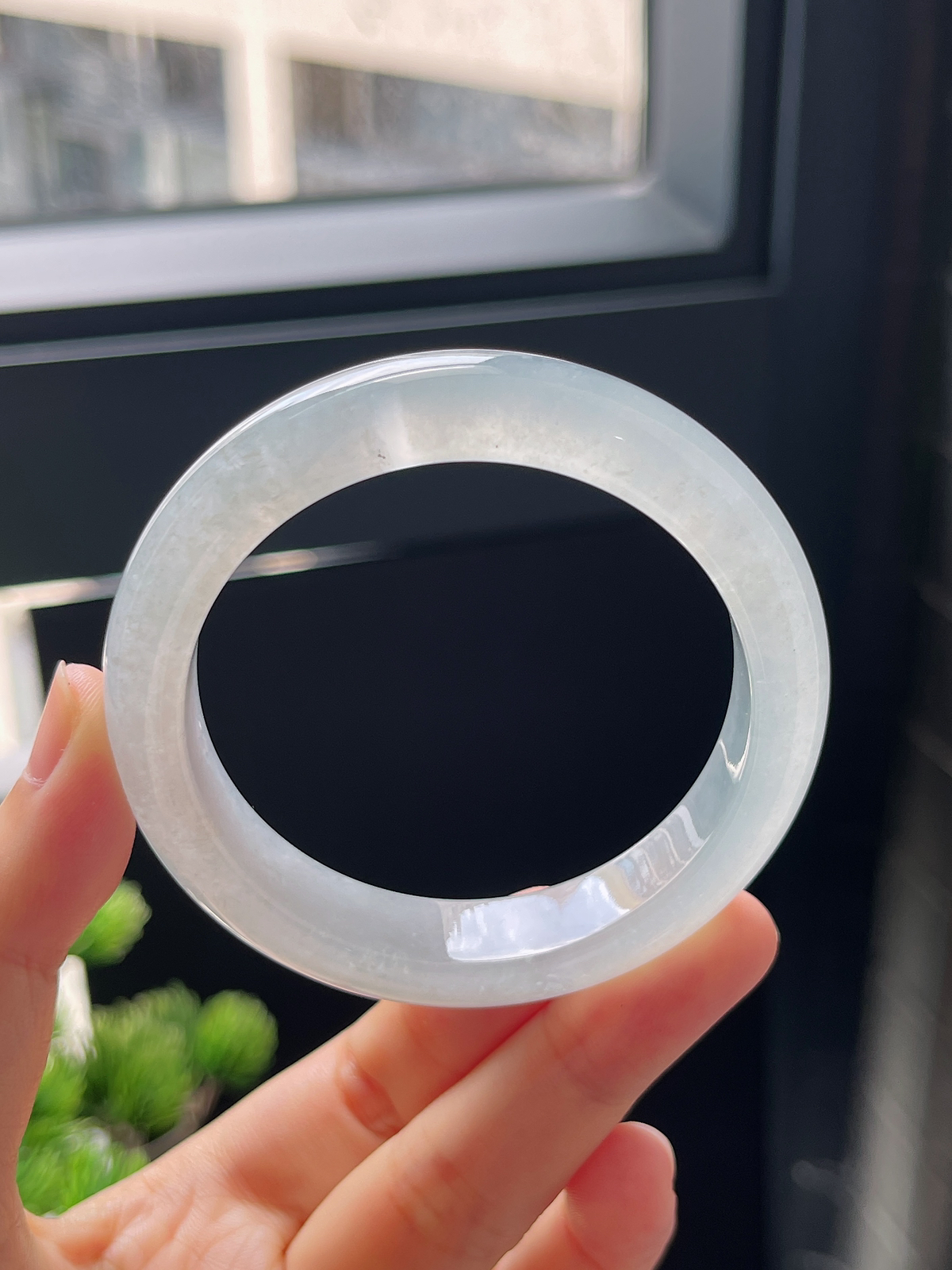 圈口52，冰白翡翠正圈手镯