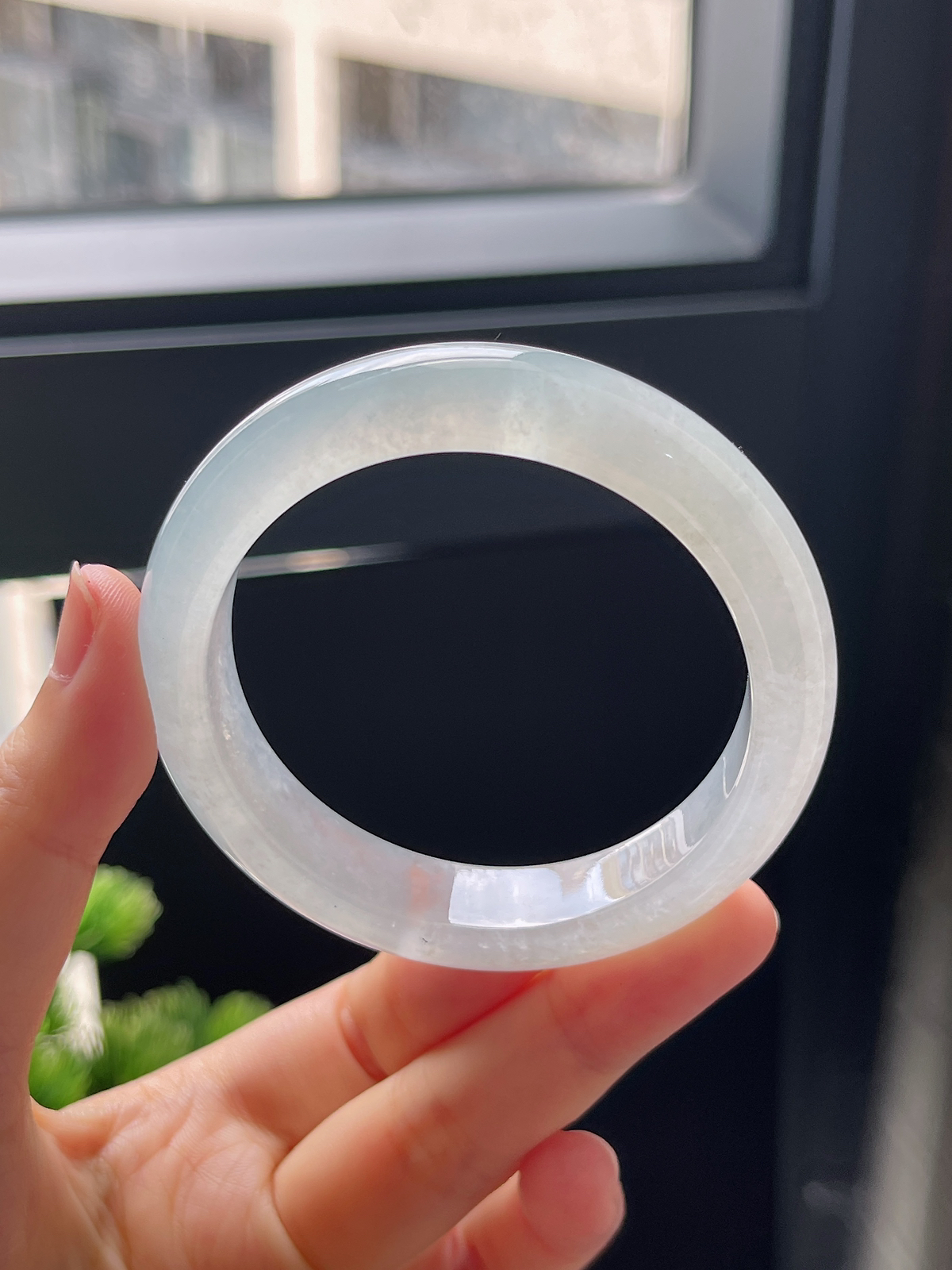 圈口52，冰白翡翠正圈手镯