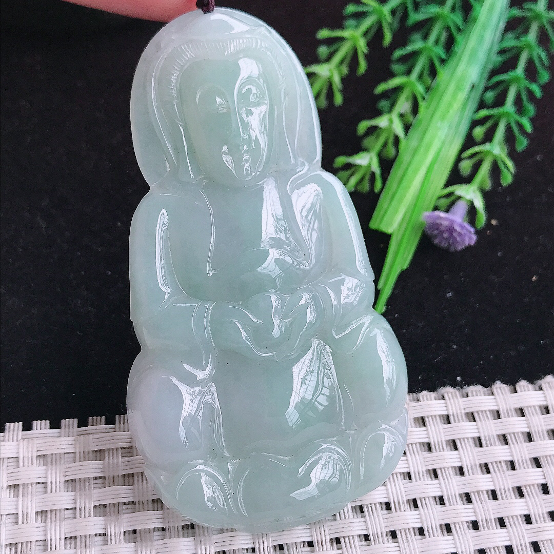 实拍A货翡翠75/41/8老坑秀气温润晴底大观音吊坠翡翠赐福观音牌
