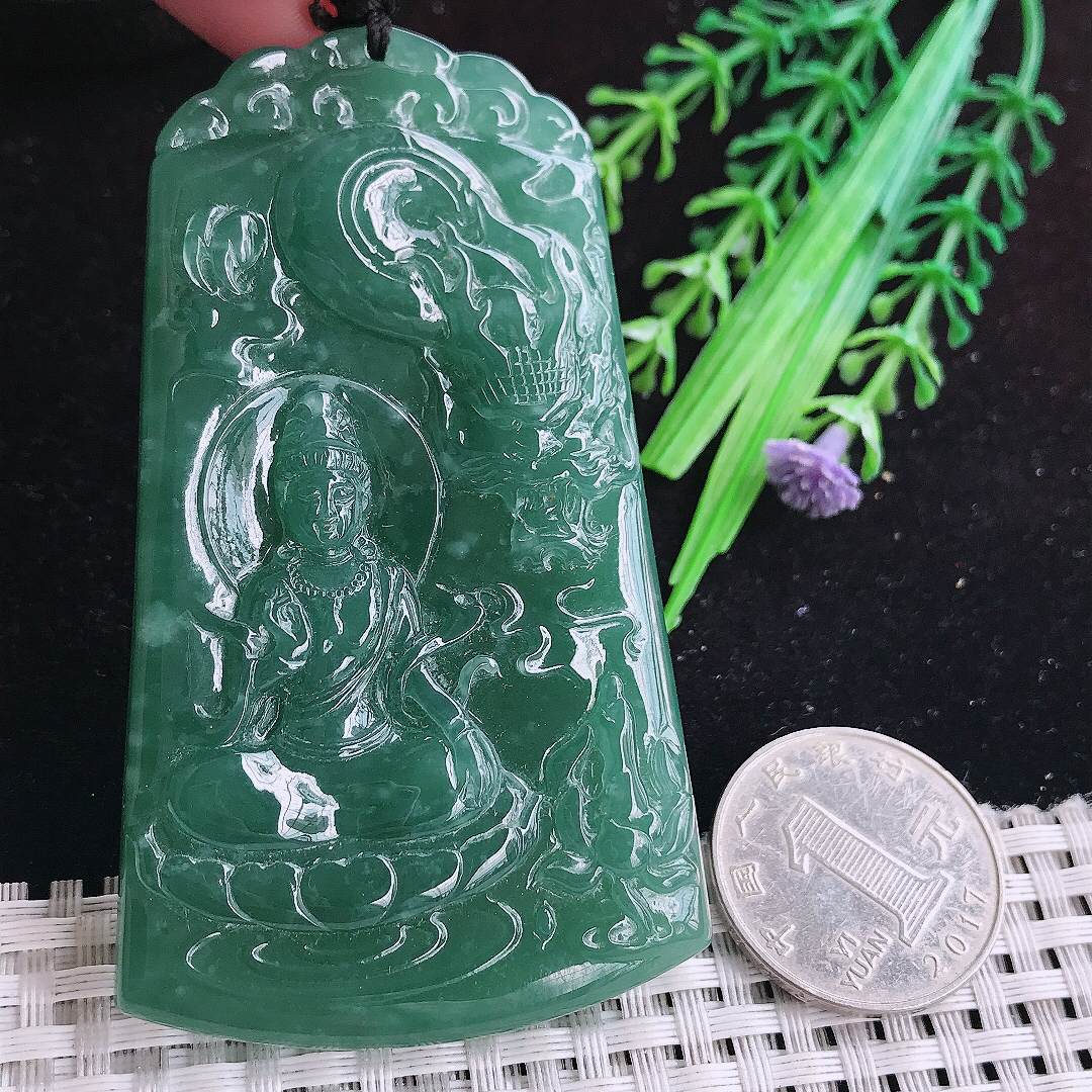 实拍A货翡翠78/45/8老坑冰润起胶满色蓝韵御龙观音吊坠翡翠玉牌