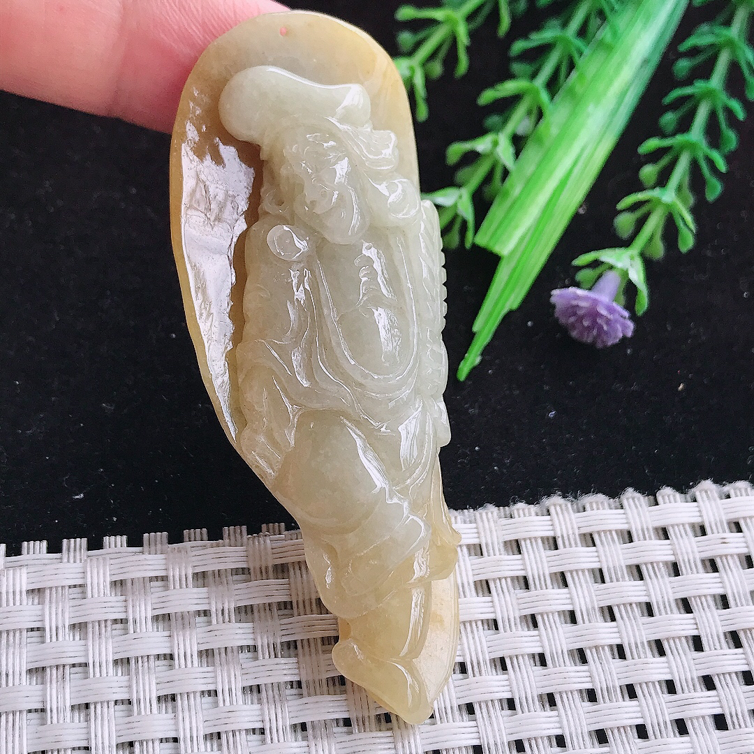 实拍A货翡翠71/27.5/12老坑精美温润黄翡活佛济公吊坠翡翠玉牌