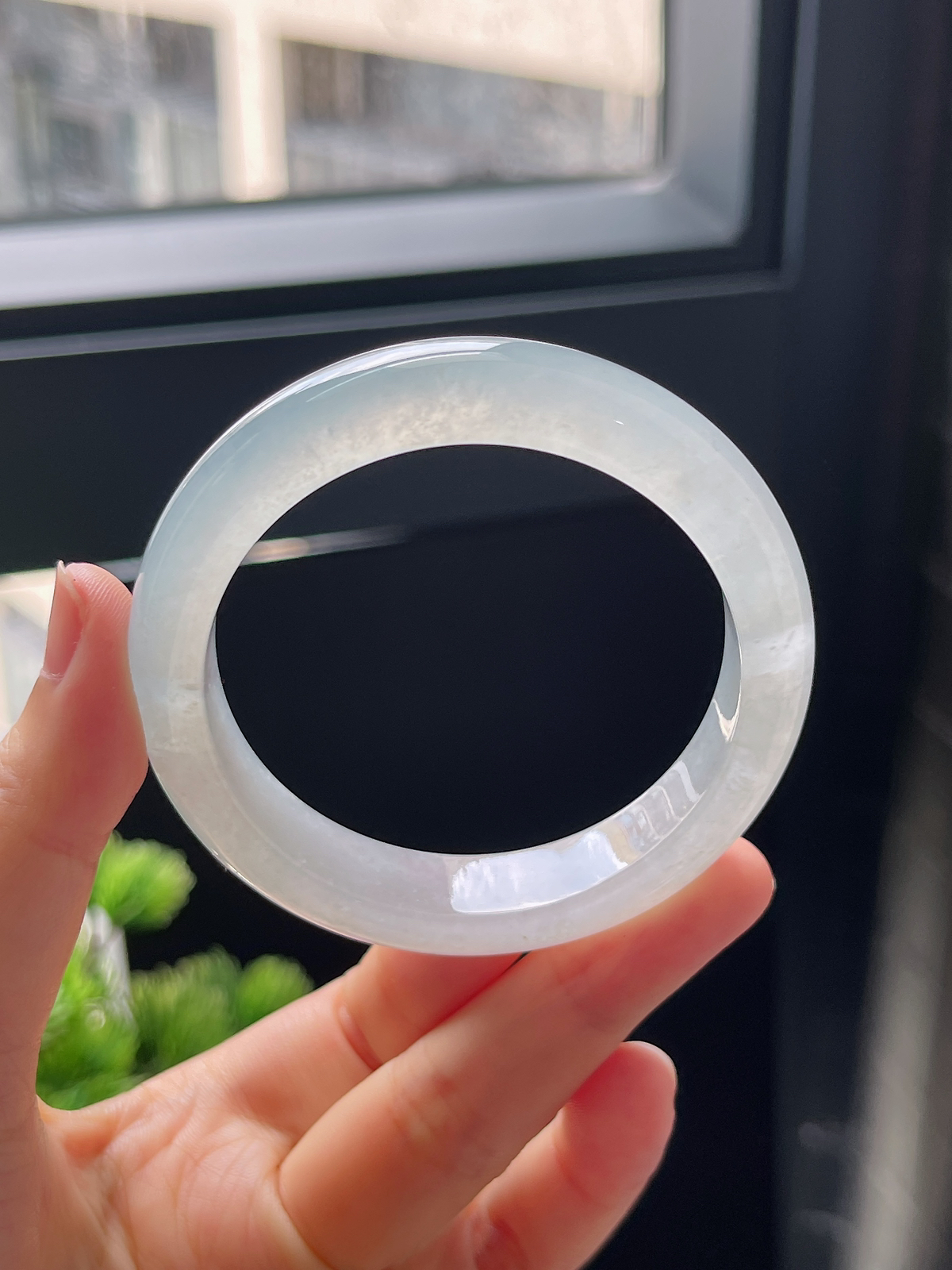 圈口52，冰白翡翠正圈手镯