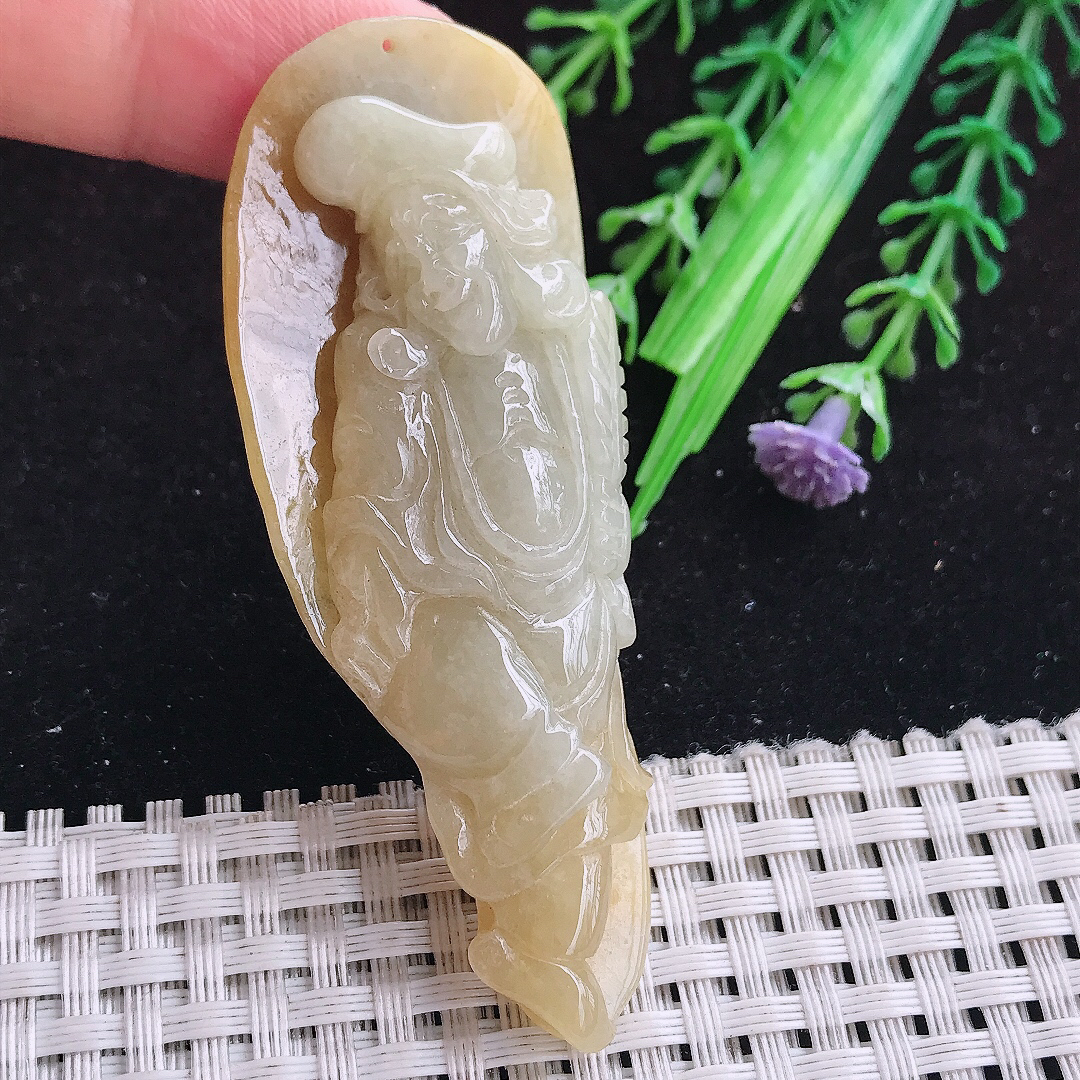 实拍A货翡翠71/27.5/12老坑精美温润黄翡活佛济公吊坠翡翠玉牌