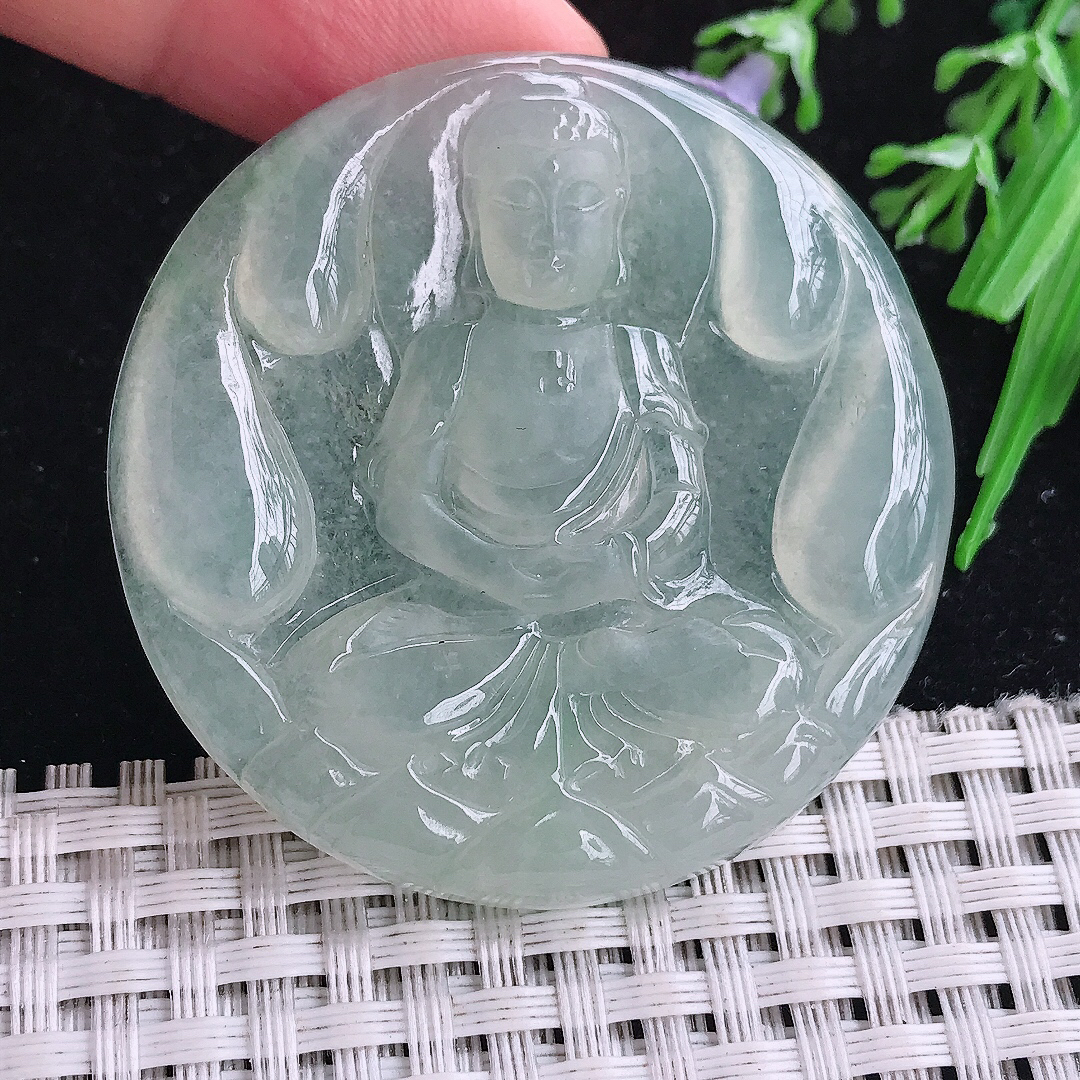 实拍A货翡翠47.5/5.6老坑冰胶果冻冰晴大日如来佛祖吊坠翡翠圆牌玉牌