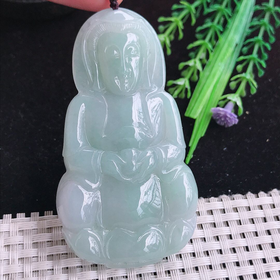 实拍A货翡翠75/41/8老坑秀气温润晴底大观音吊坠翡翠赐福观音牌