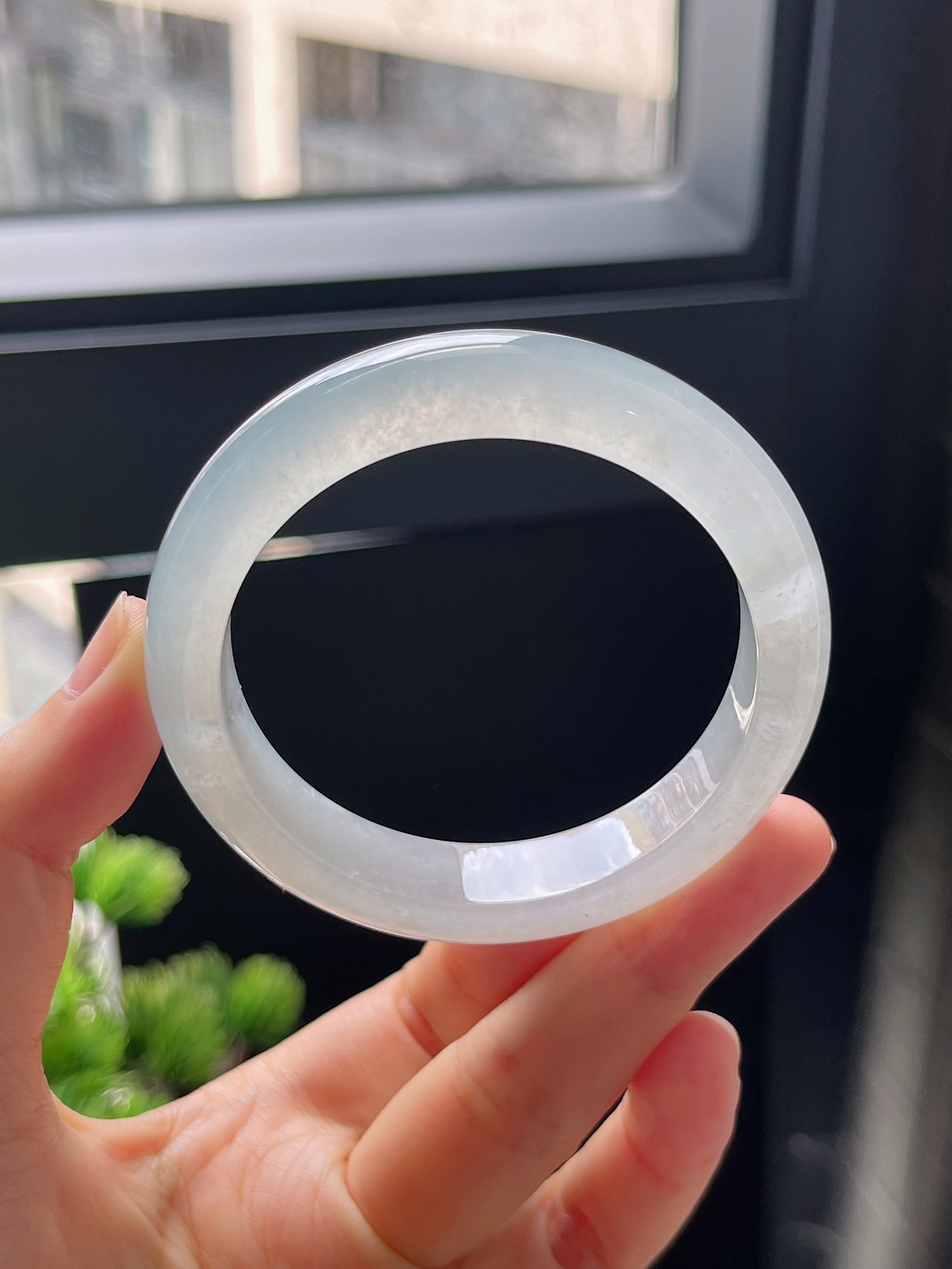 圈口52，冰白翡翠正圈手镯