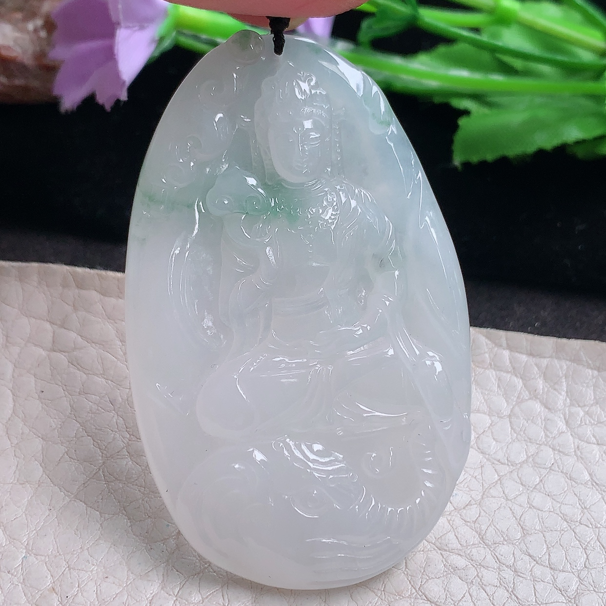 kh实拍60.6*38*5.5缅甸翡翠a货精雕冰飘花普贤菩萨 生肖守护神玉吊坠