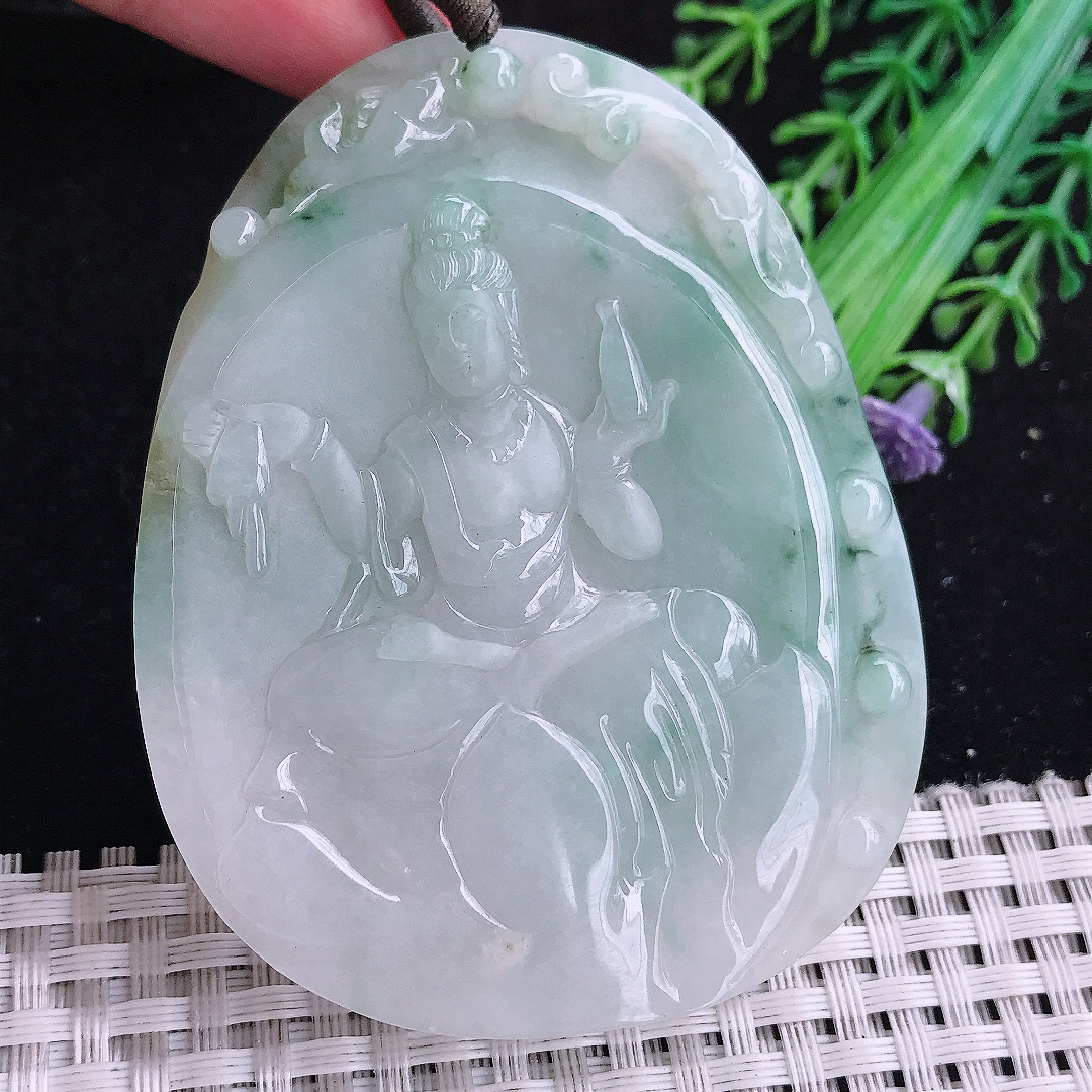 实拍A货翡翠70/55.5/7.8老坑温润飘花赐福观音吊坠翡翠观音牌