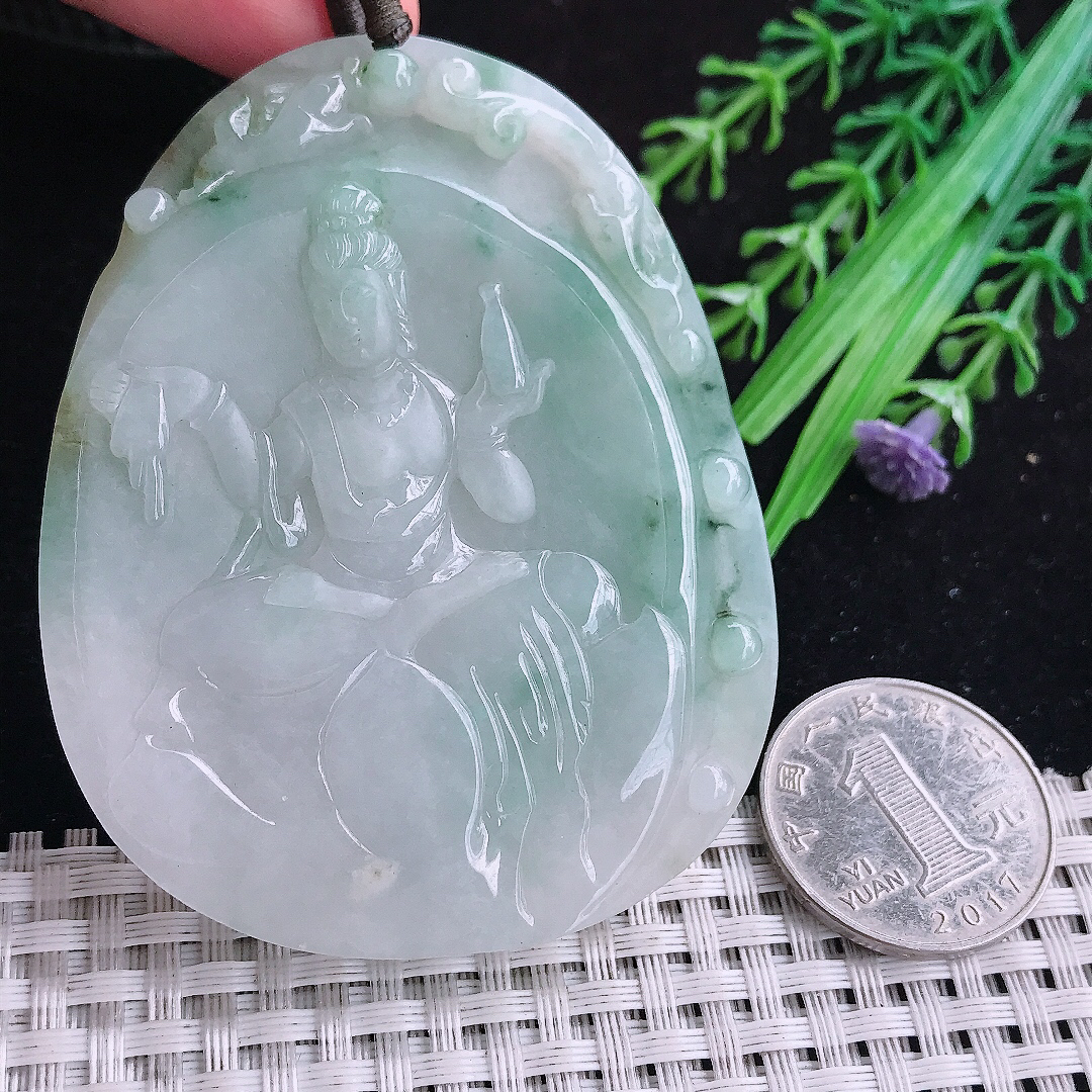 实拍A货翡翠70/55.5/7.8老坑温润飘花赐福观音吊坠翡翠观音牌
