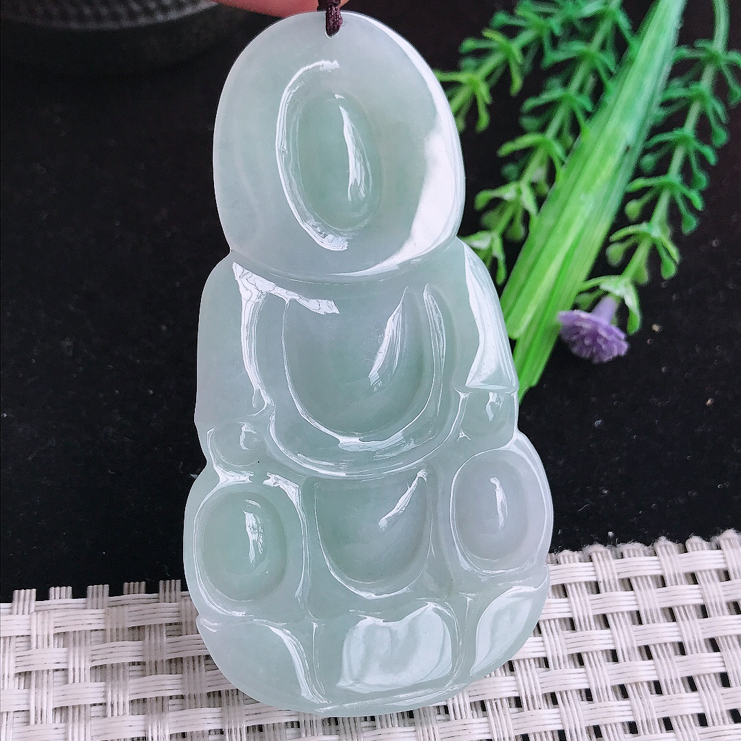 实拍A货翡翠75/41/8老坑秀气温润晴底大观音吊坠翡翠赐福观音牌
