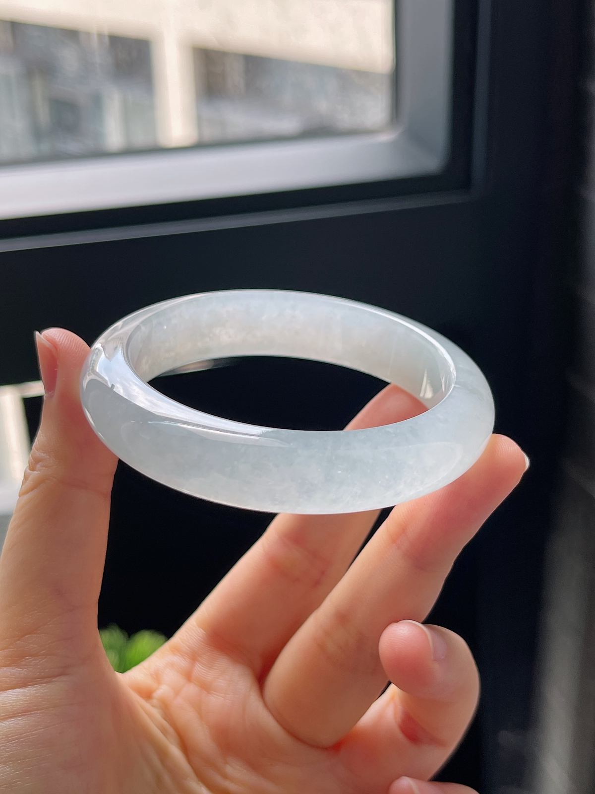 圈口52，冰白翡翠正圈手镯