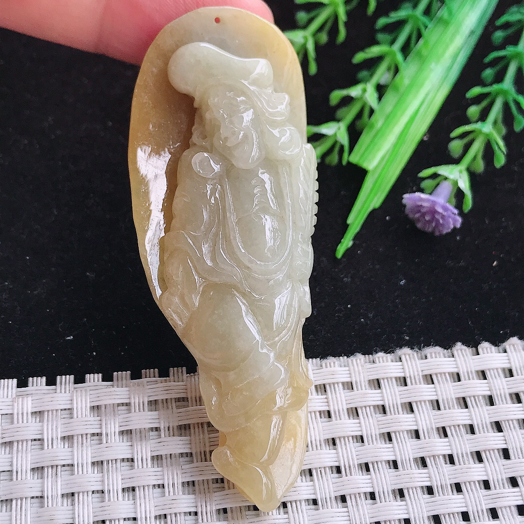 实拍A货翡翠71/27.5/12老坑精美温润黄翡活佛济公吊坠翡翠玉牌