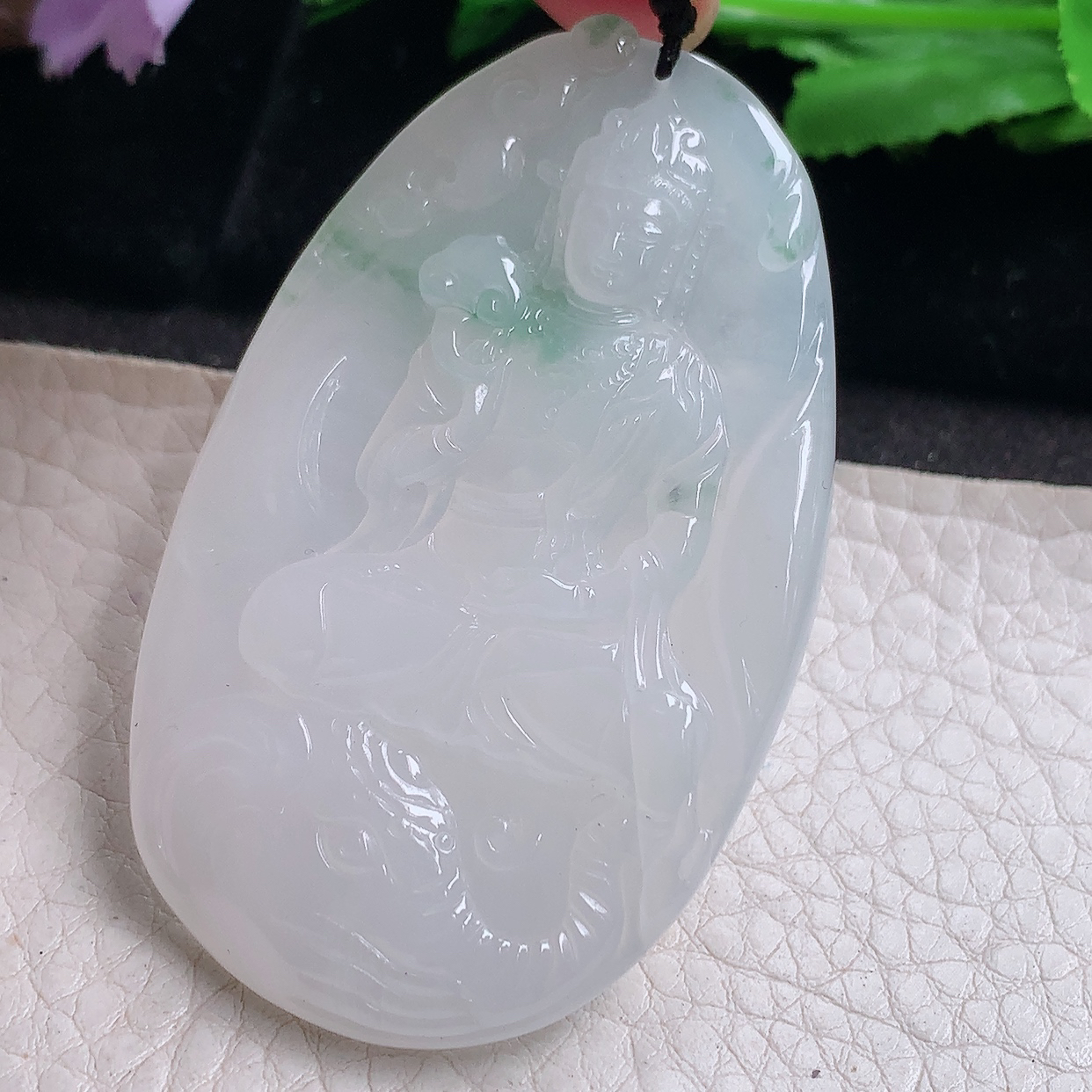 kh实拍60.6*38*5.5缅甸翡翠a货精雕冰飘花普贤菩萨 生肖守护神玉吊坠