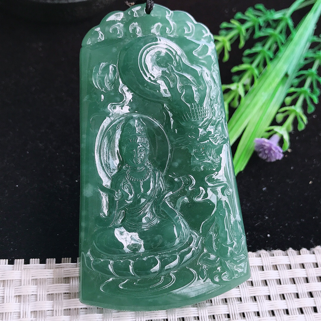 实拍A货翡翠78/45/8老坑冰润起胶满色蓝韵御龙观音吊坠翡翠玉牌