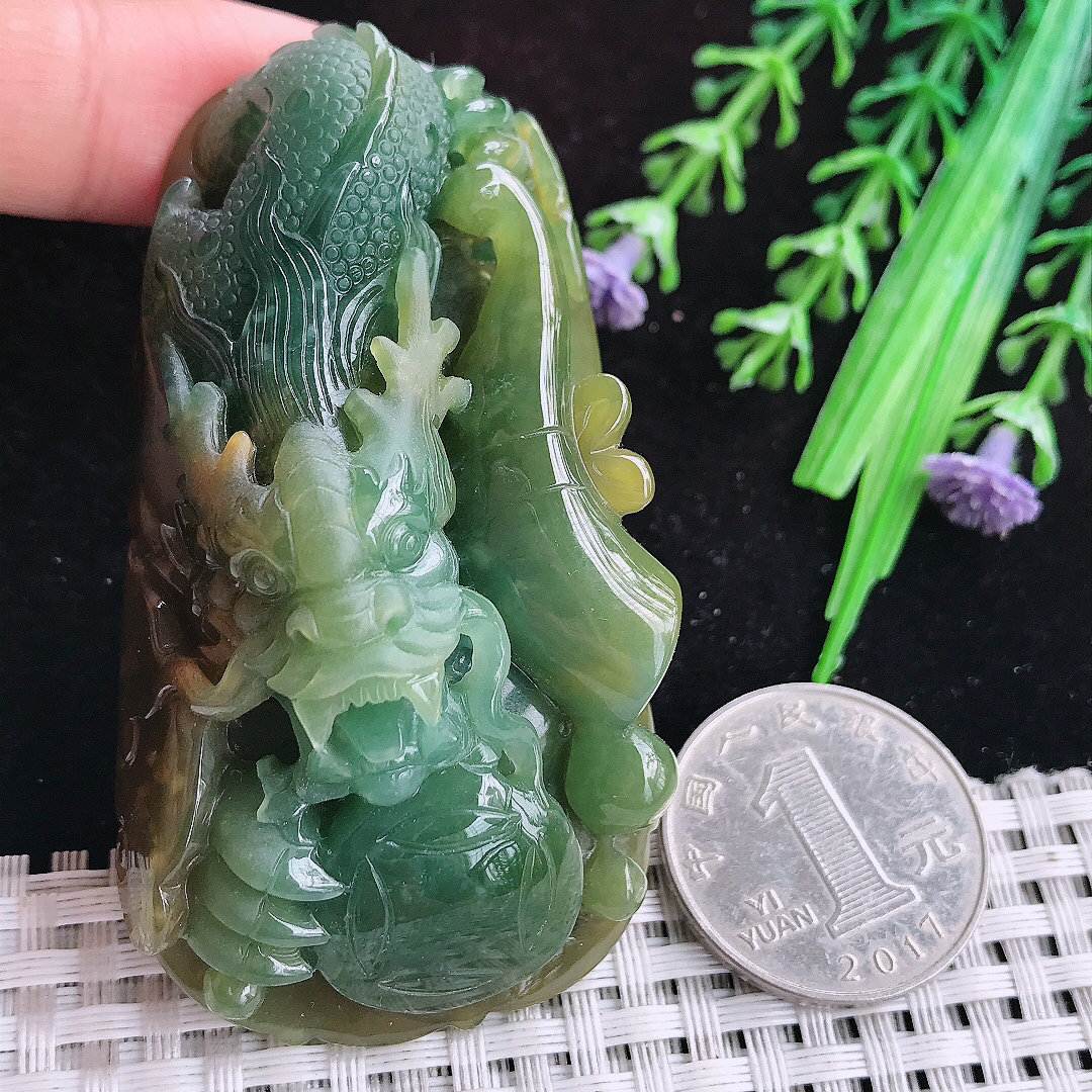 实拍A货翡翠69.6/37.8/21.5老坑精美温润双彩霸气龙牌吊坠翡翠玉牌