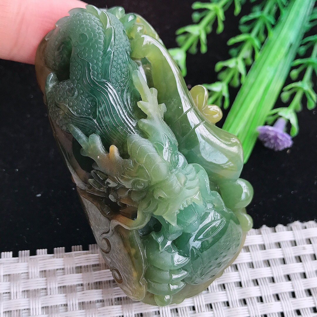 实拍A货翡翠69.6/37.8/21.5老坑精美温润双彩霸气龙牌吊坠翡翠玉牌