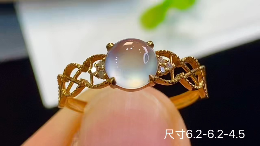 18k金+钻玻璃种蛋面戒指，无裂，6.2-6.2-4.5