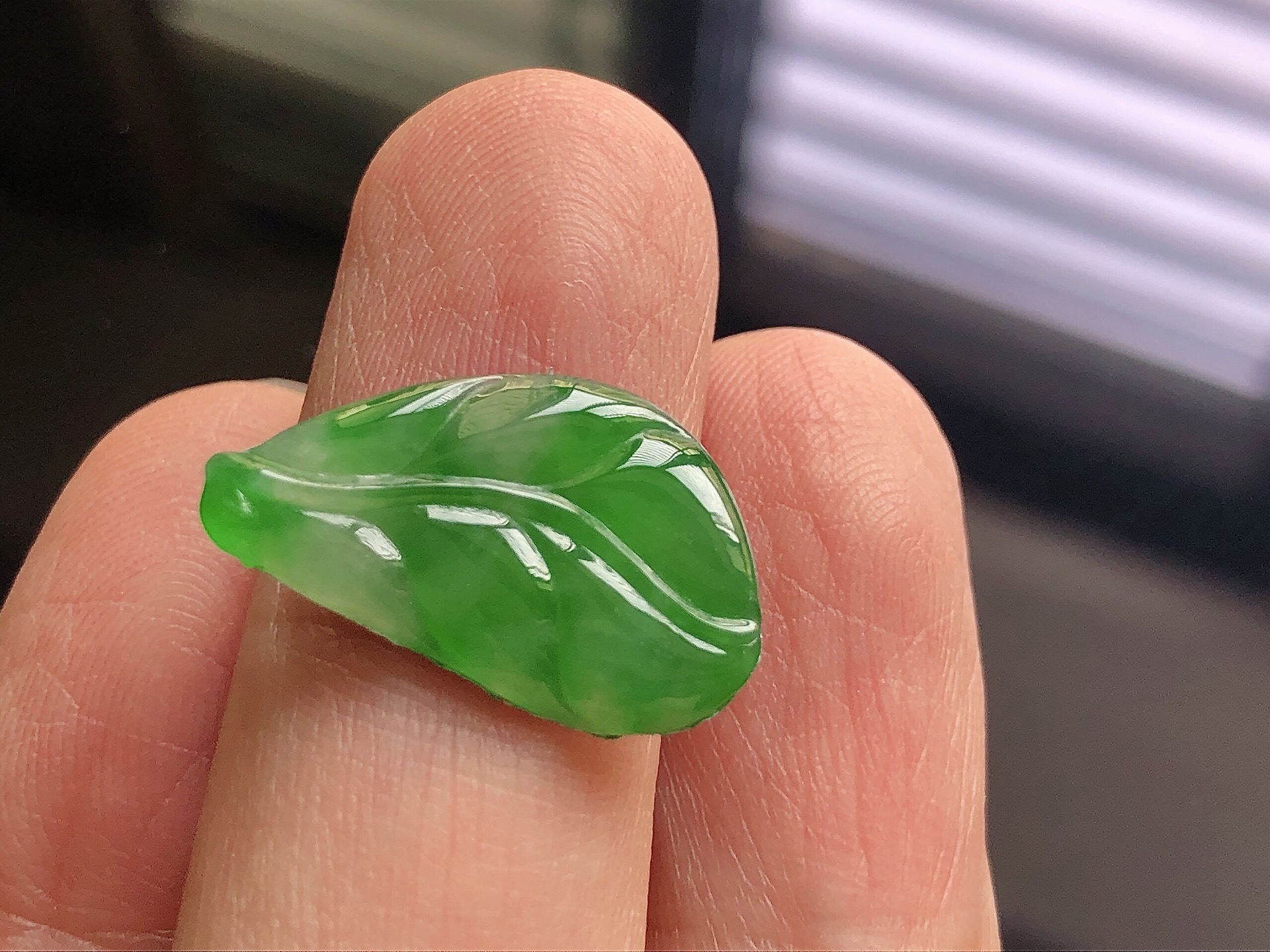 ️ 阳绿树叶， 色泽艳阳，通透水润，玉质细腻，夺目迷人，镶嵌效果，品相，无裂，尺寸20.6*12.