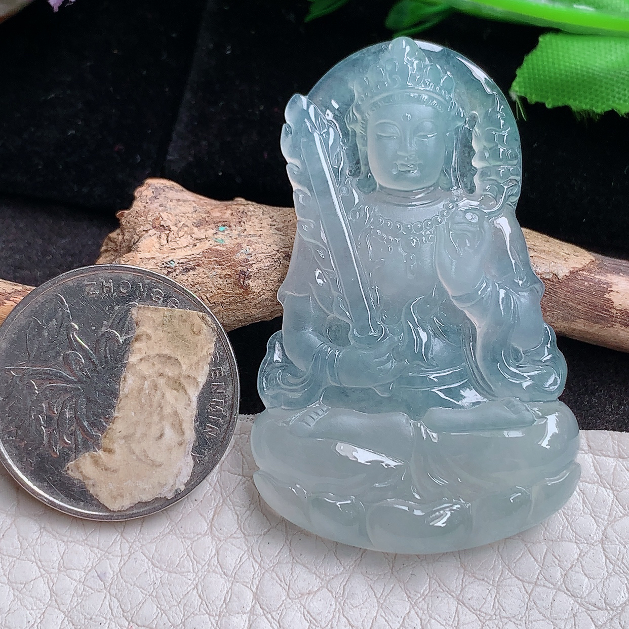 ktj实拍50.8*32.3*5.8缅甸翡翠a货精雕冰种虚空藏菩萨 生肖守护神玉吊坠