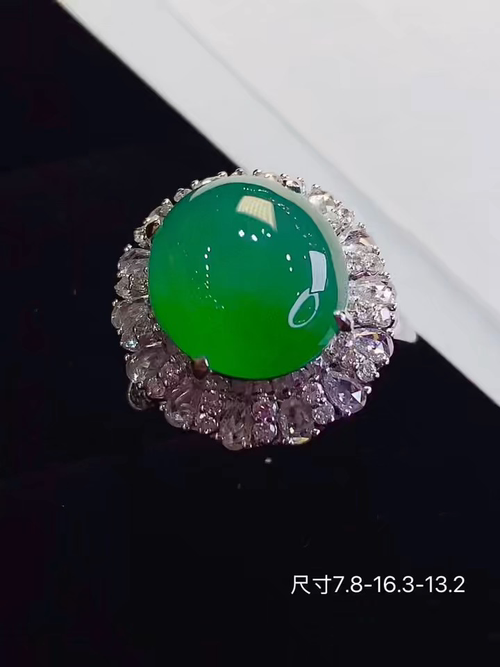 18k金满钻玻璃种蛋面戒指,无暇，7.8-16.3-13.2