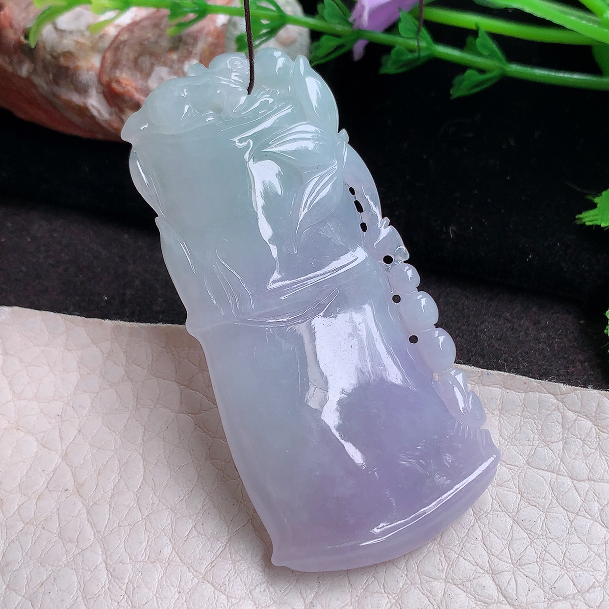 zen实拍63.2*30*9.6缅甸翡翠精雕春带彩竹节 胸有成竹玉项坠 玉挂件