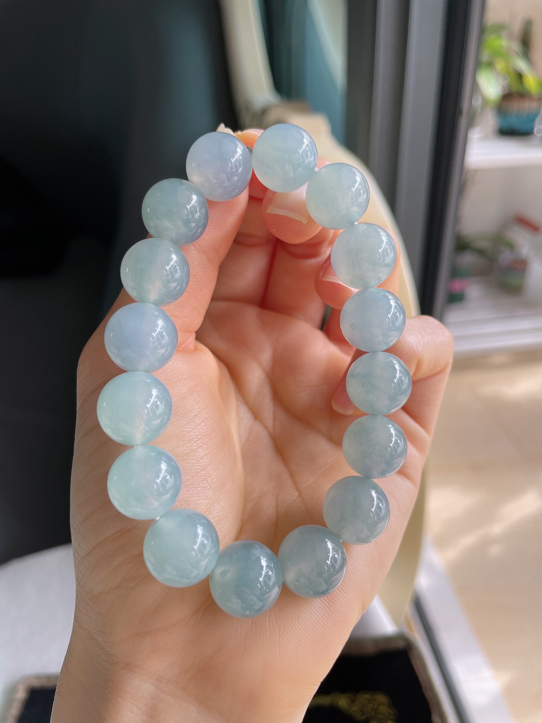 ️，天然翡翠A货，冰种蓝紫底圆珠手串，尺寸：13mm。【编0034】