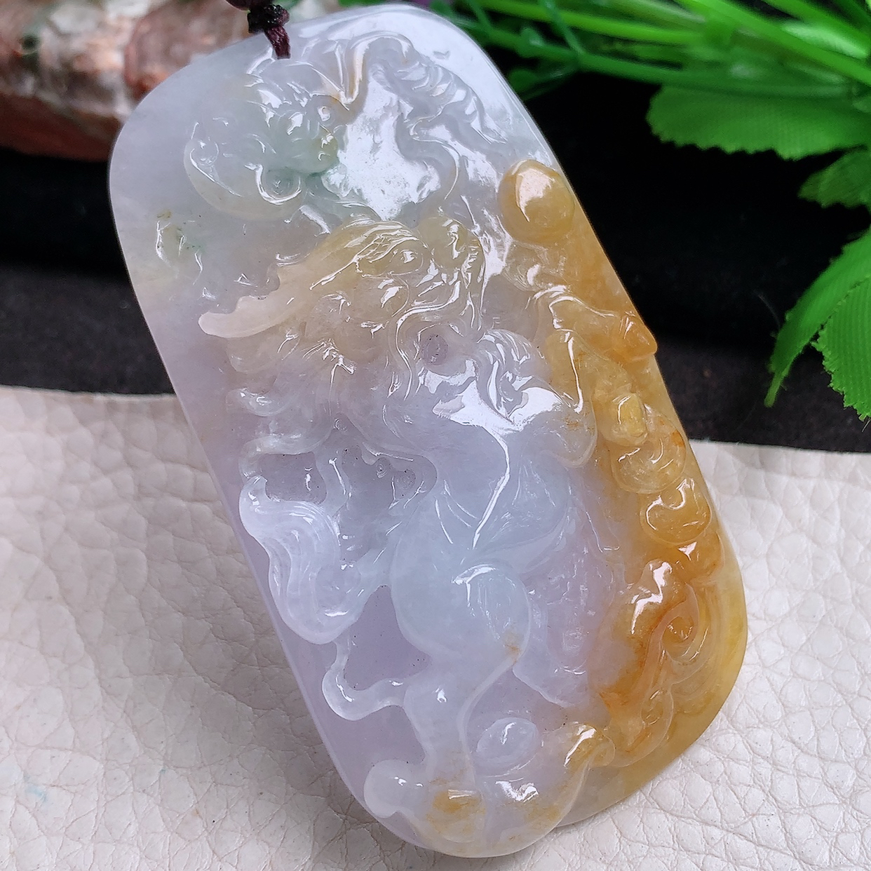 zen实拍72*40.5*12.2缅甸翡翠精雕双彩马上发财 生肖马玉项坠 玉挂件
