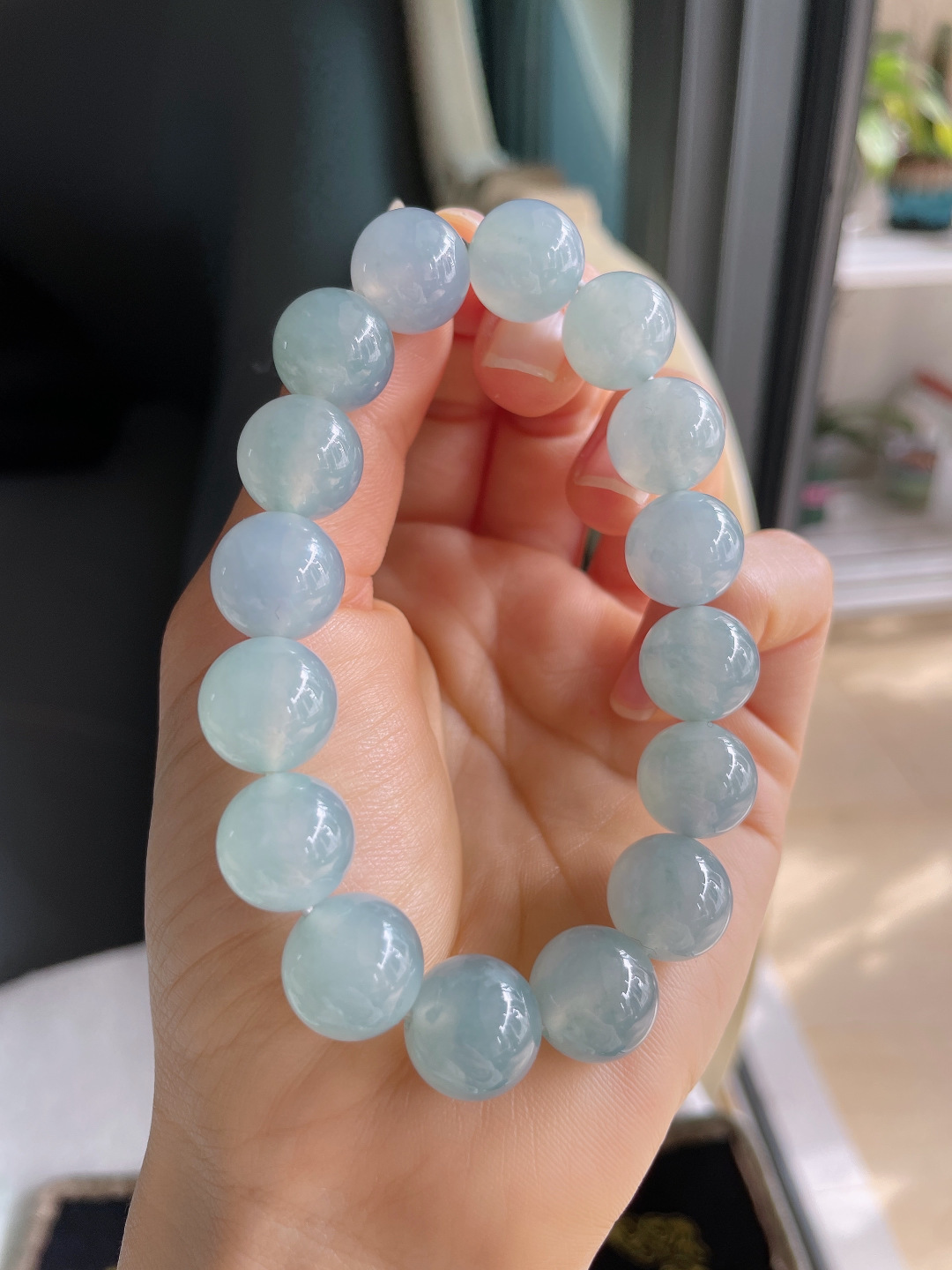 ️，天然翡翠A货，冰种蓝紫底圆珠手串，尺寸：13mm。【编0034】