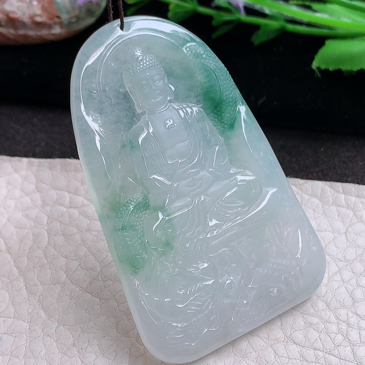 ktj实拍61.5*39*6缅甸翡翠a货精雕冰飘花御龙观音 生肖守护神玉吊坠