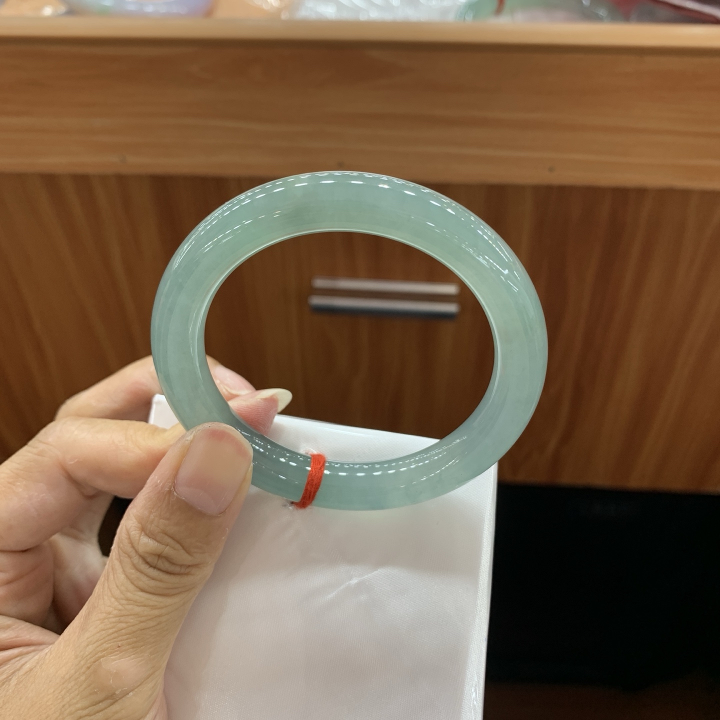060823LJ 冰蓝飘花小圆条翡翠手镯 53.9-9.5-8.8
