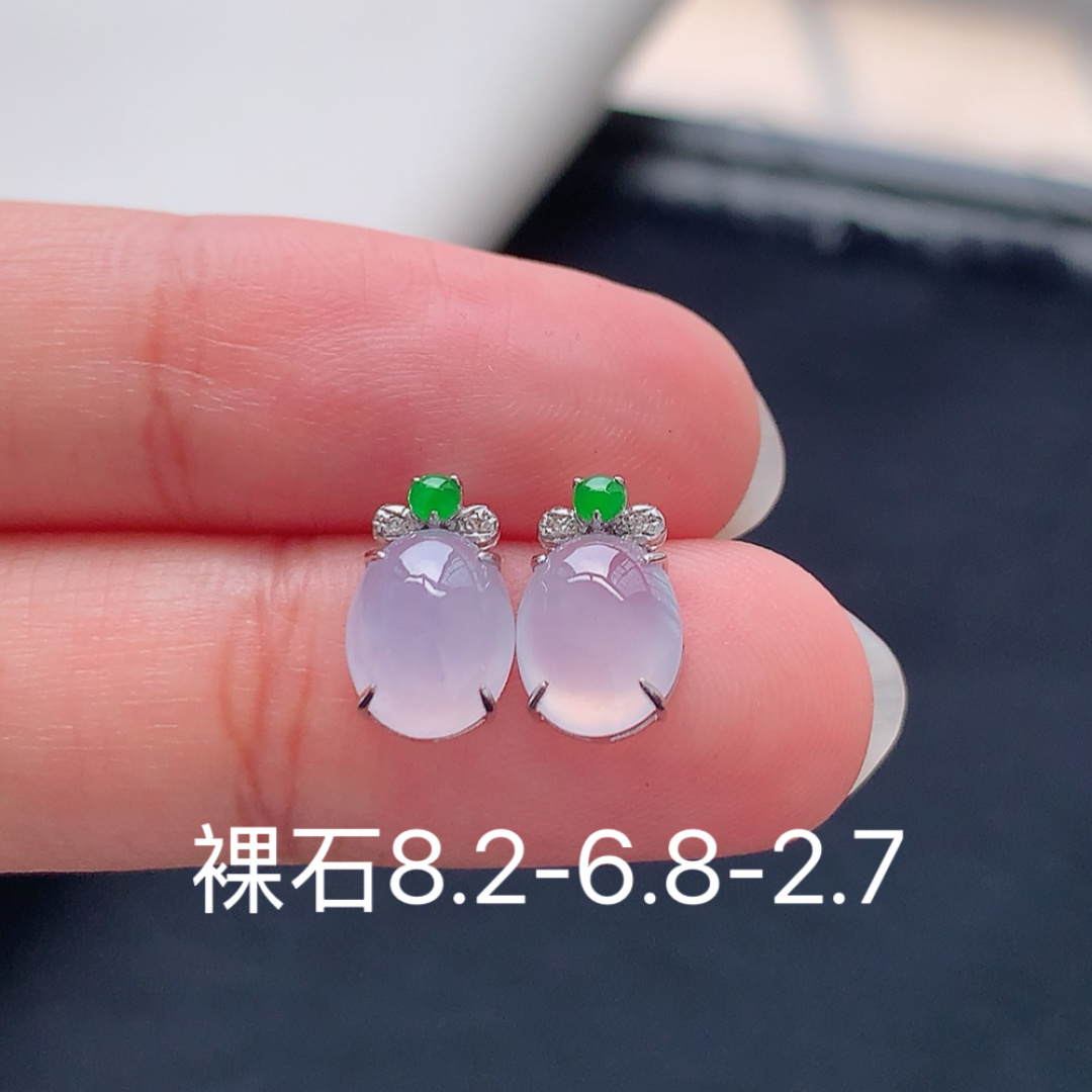 冰紫耳钉 种水好 冰润通透 上耳优雅大方 货号25607，8.2-6.8-2.7