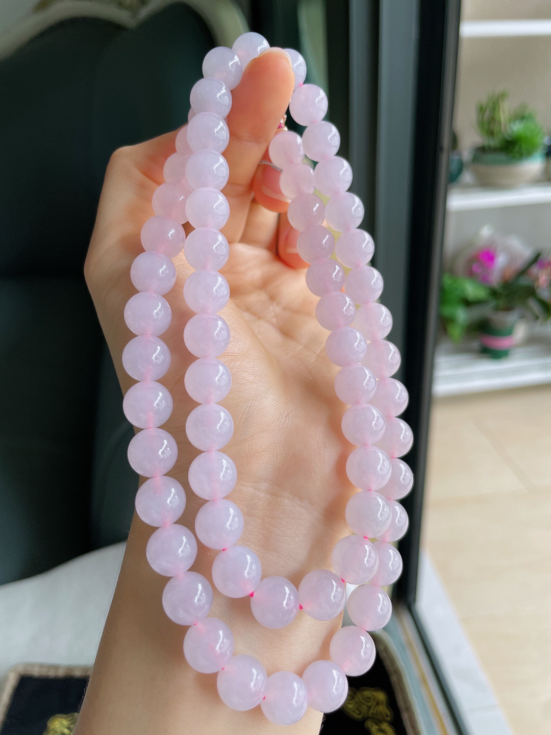 天然翡翠A货，冰珠链，尺寸：9.8mm61颗。【编2283】