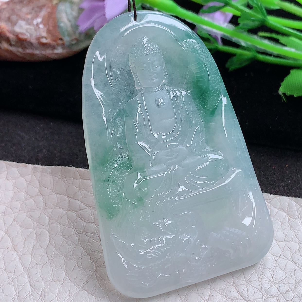 ktj实拍61.5*39*6缅甸翡翠a货精雕冰飘花御龙观音 生肖守护神玉吊坠