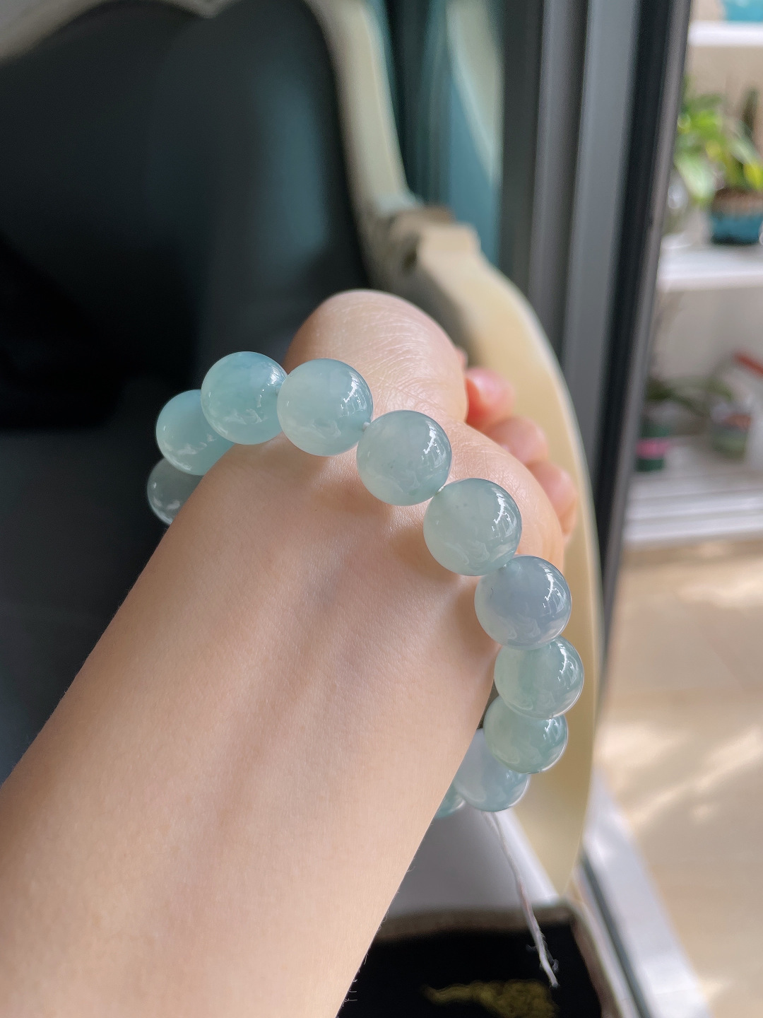 ️，天然翡翠A货，冰种蓝紫底圆珠手串，尺寸：13mm。【编0034】