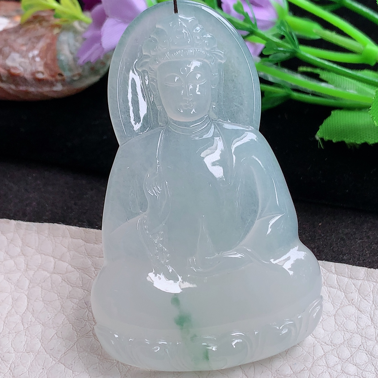 ktj实拍68.6*43*5.6缅甸翡翠a货精雕冰飘花正庄观音 玉观音玉吊坠