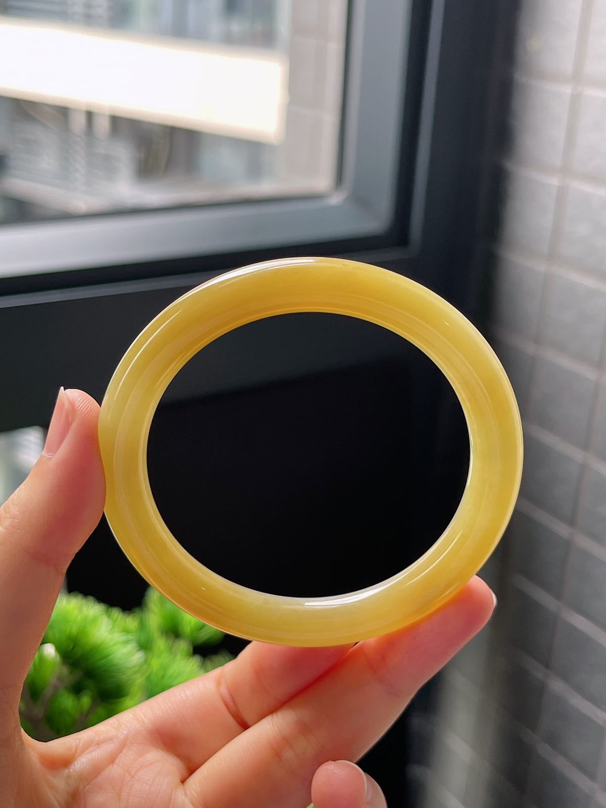 圈口54，冰糯黄翡细圆条翡翠手镯