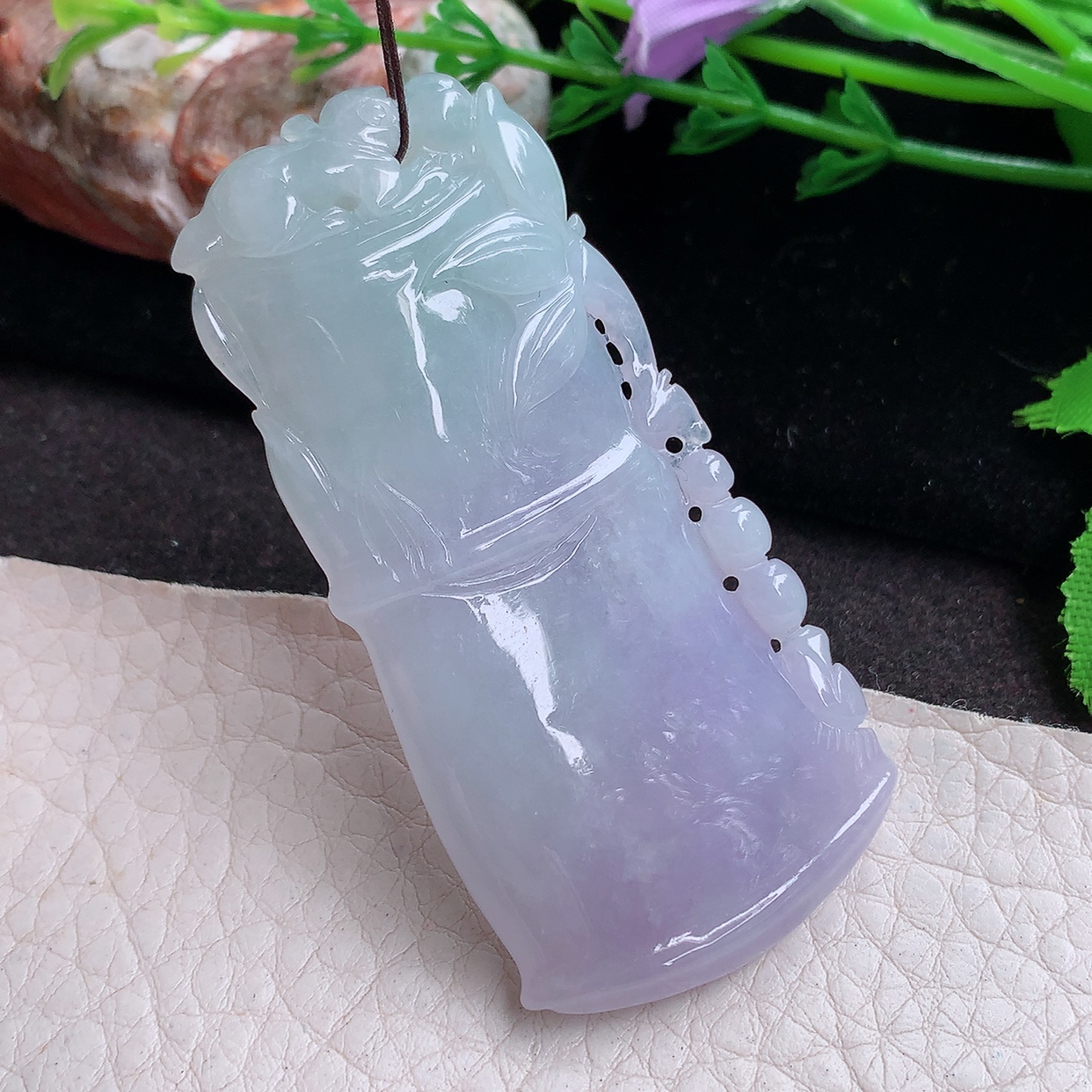 zen实拍63.2*30*9.6缅甸翡翠精雕春带彩竹节 胸有成竹玉项坠 玉挂件