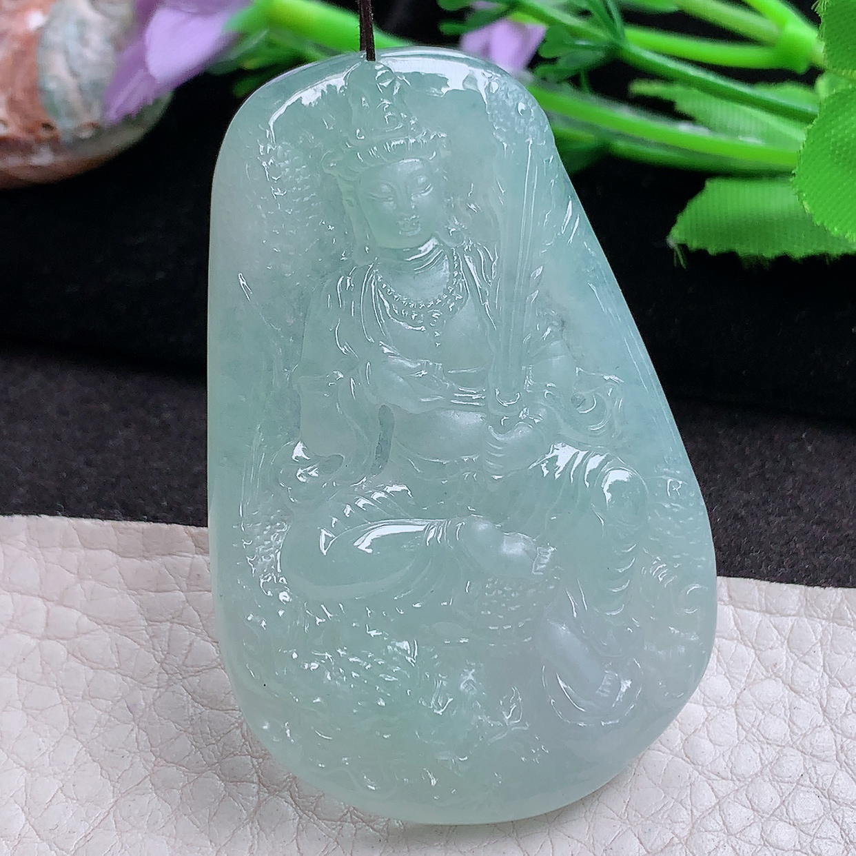 ktj实拍59.5*38.8*6.3缅甸翡翠a货精雕冰经御龙观音 观音玉吊坠