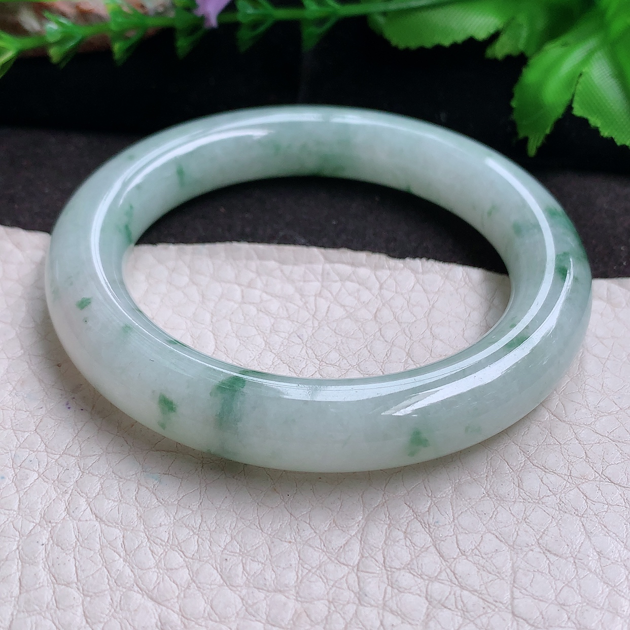 ee实拍53.9*10.8美人镯 缅甸翡翠a货玉手镯 冰飘花细润圆条玉手环