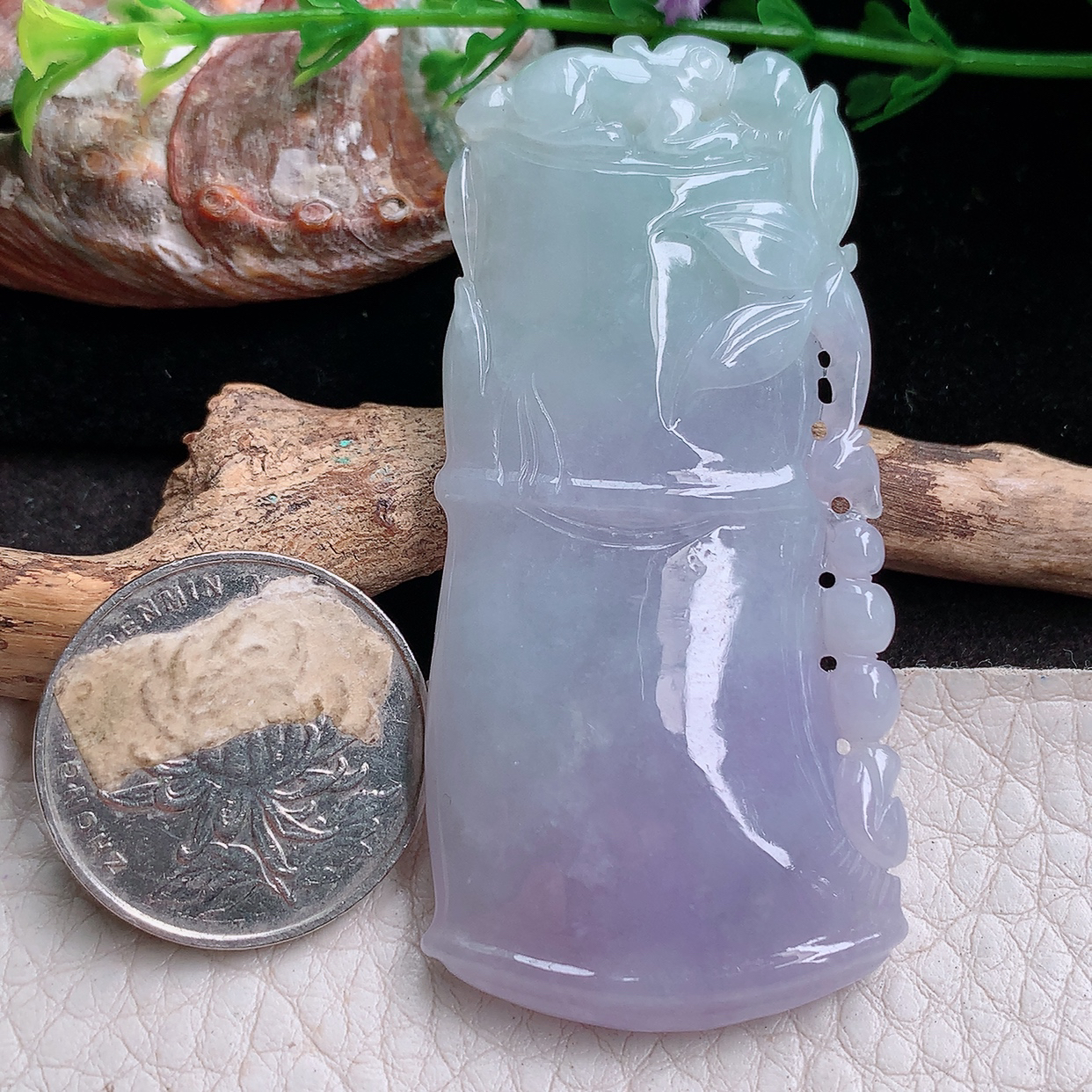 zen实拍61*30.8*12缅甸翡翠精雕清新大竹节 节节高玉项坠 玉挂件