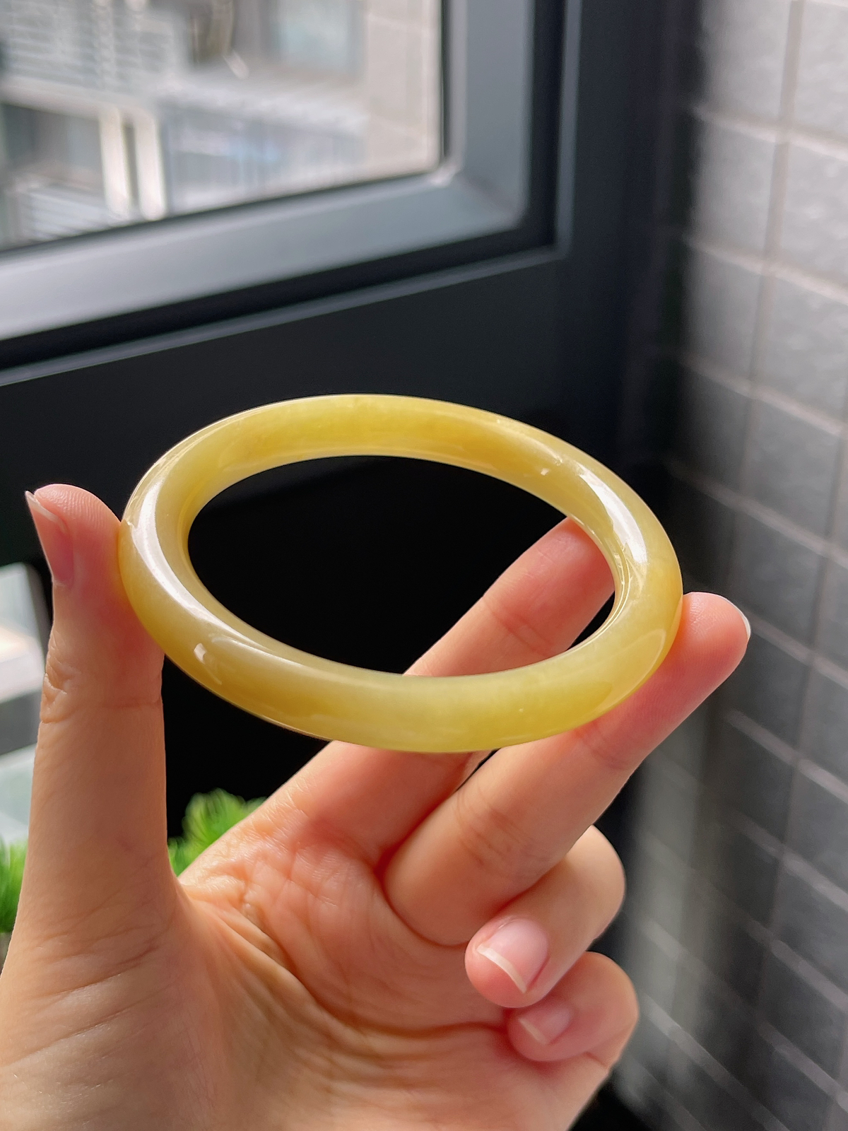 圈口54，冰糯黄翡细圆条翡翠手镯