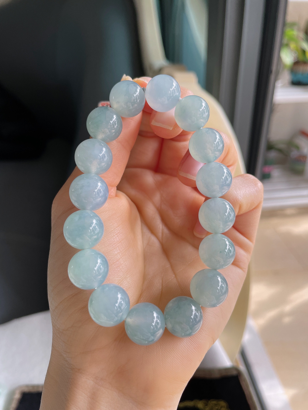 ️，天然翡翠A货，冰种蓝紫底圆珠手串，尺寸：13mm。【编0034】