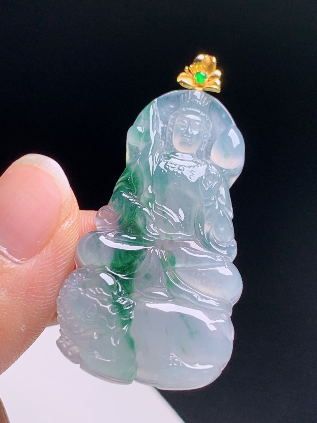 冰飘绿文殊菩萨观音吊坠，飘绿浓郁雕工精湛，金镶扣头端庄大气，080608