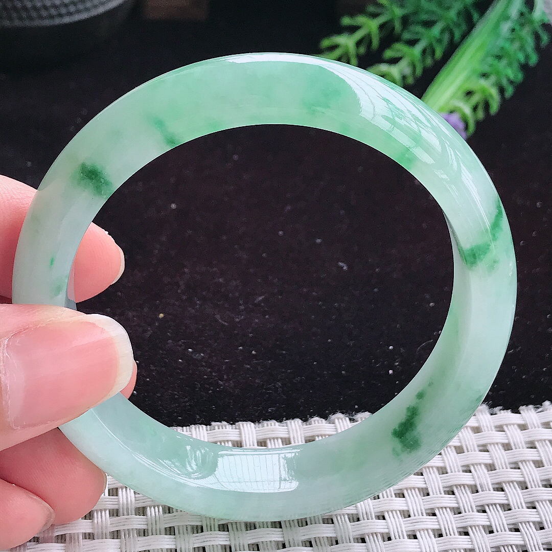 实拍A货翡翠57/14/8.3老坑冰胶果冻飘绿花手镯平安镯翡翠玉镯美人镯